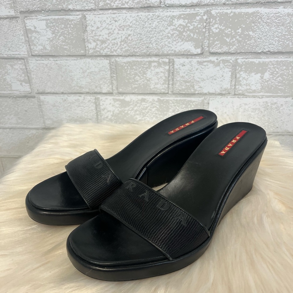 Prada Logo Open Toe Wedge Platform Slip Ons Size 38.5